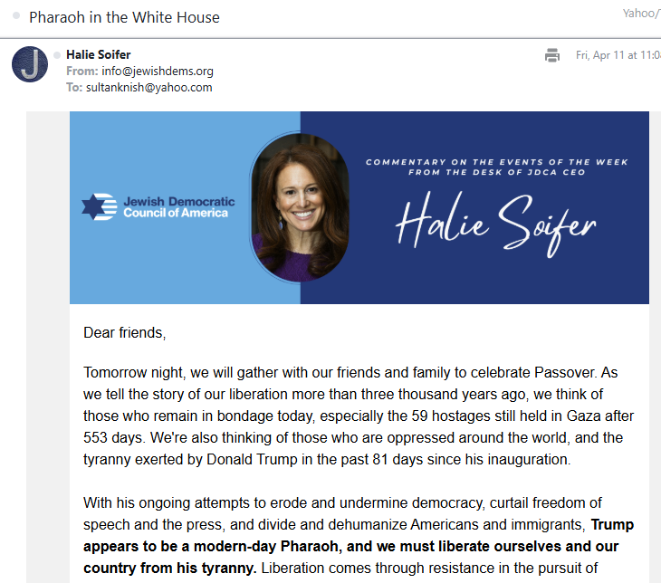 Jewish Democratic Council of America Compares Trump to Pharaoh for Deporting Hamas Supporters