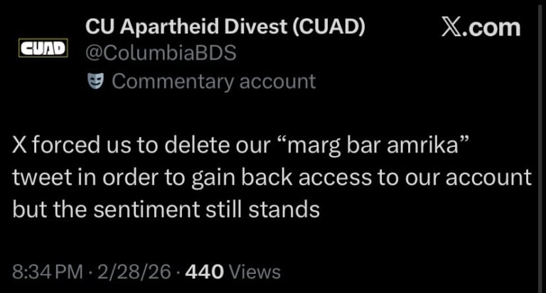 Columbia U Students for Justice in Palestine Tweet ‘Death to America’